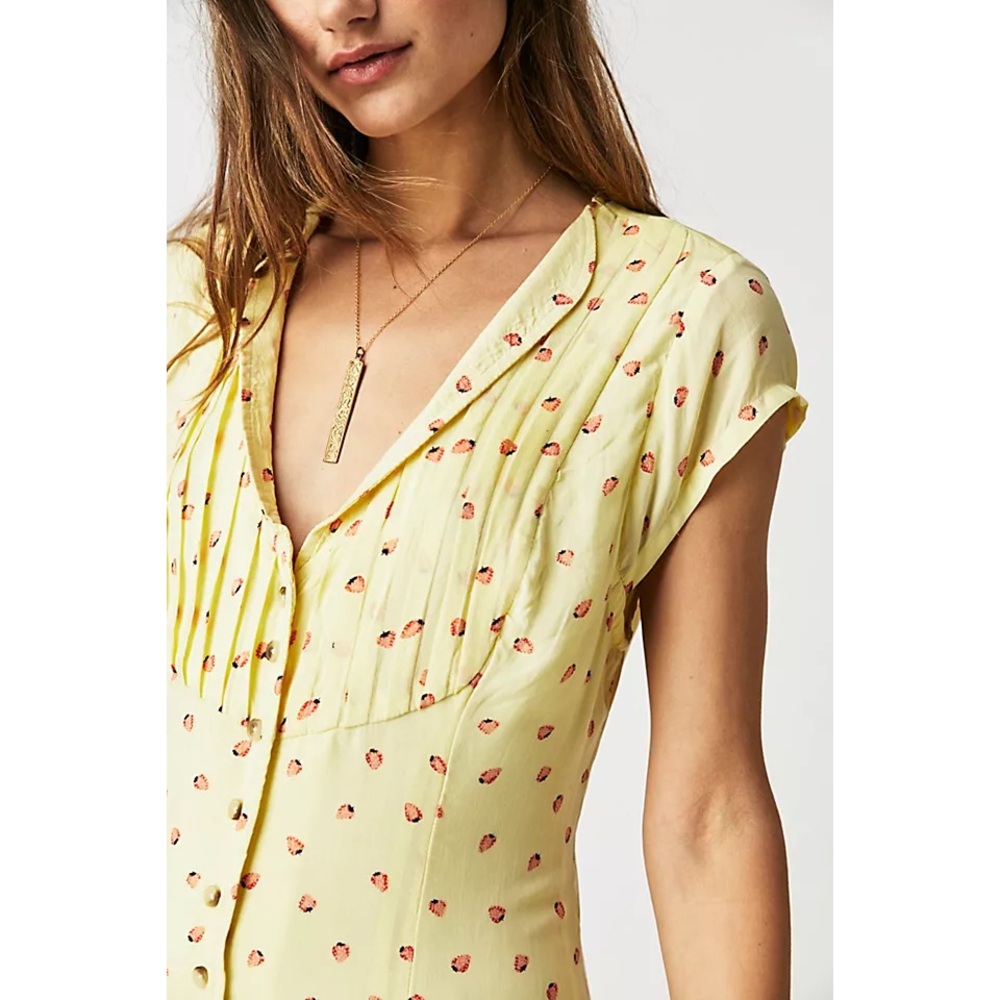 Free People Rosemary Summer Strawberry Printed Yellow Midi Dress